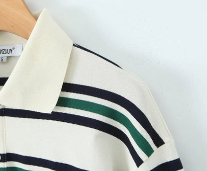 2025 Summer Ladies Polo Shirts Woman Long Sleeve Crop Top Striped Vintage Clothes Polo Shirts Mujer Streetwear Casual Tops Brown