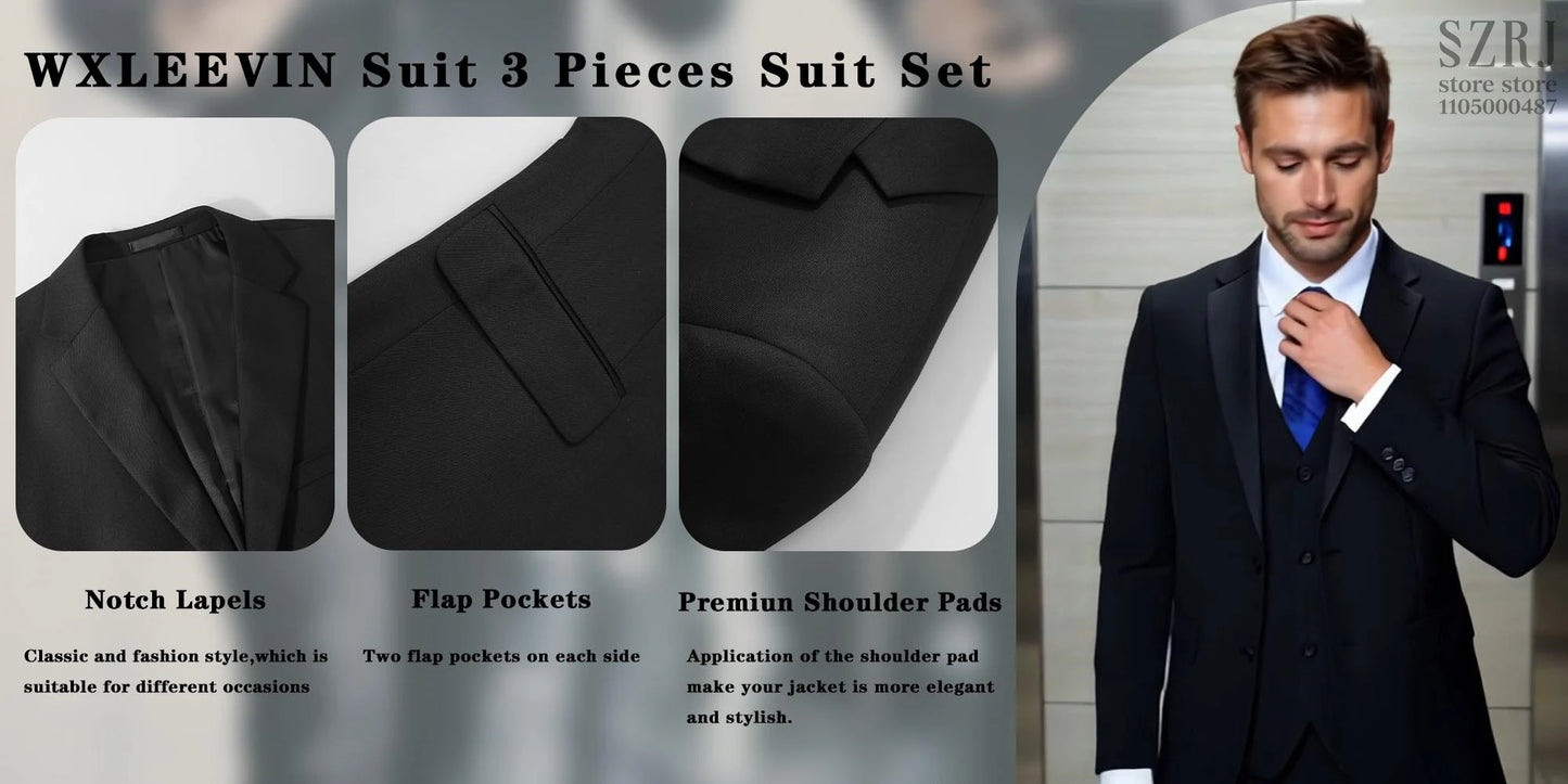 Men's 5-Piece Business Suit Set: Jacket+Vest+Pants+2 Bow Ties (Red+Blue).Premium, Tailored， For Parties, Weddings, Business.
