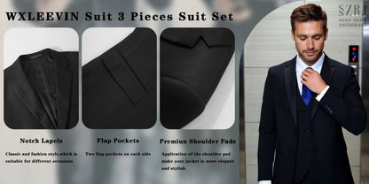 Men's 5-Piece Business Suit Set: Jacket+Vest+Pants+2 Bow Ties (Red+Blue).Premium, Tailored， For Parties, Weddings, Business.