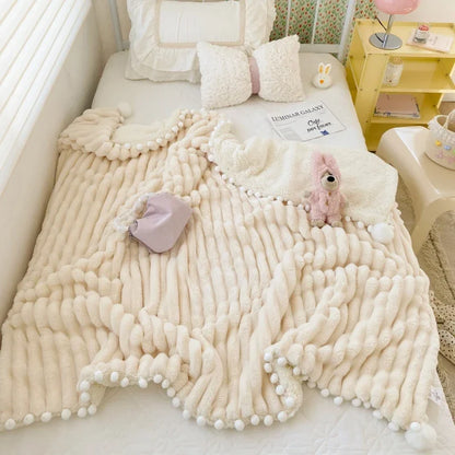 Solid Color Striped Fluffy Blanket Milk Velvet Soft Blanket with Cute Pompoms 3D Stereo Craft Travel Warm Bedding All Season