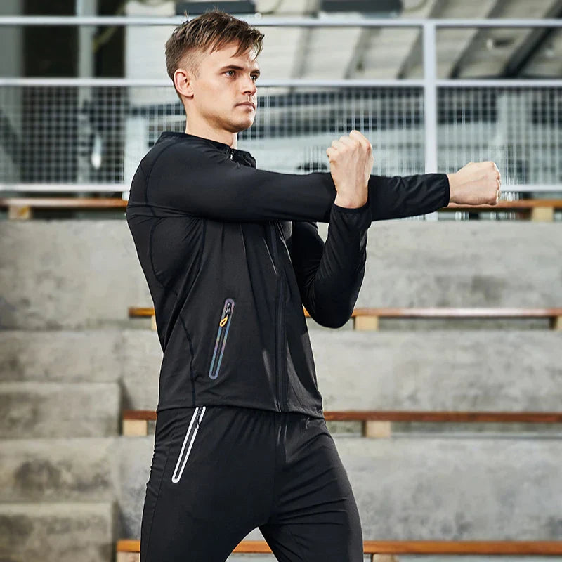 Running Jacket Hooded Jogging Tight Sportswear Quick Dry Men Reflective Training Set Gym Clothes Fitness Compression Sport Suit