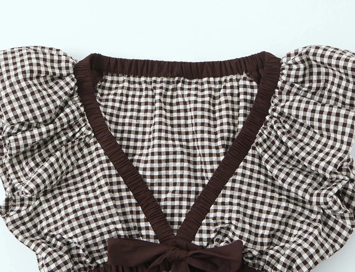 Casual Chic Women Tops Plaid V-Neck Sleeveless Bow Folds Short Tops Fashion 2026 Spring Summer Holiday Female Y2K Tops