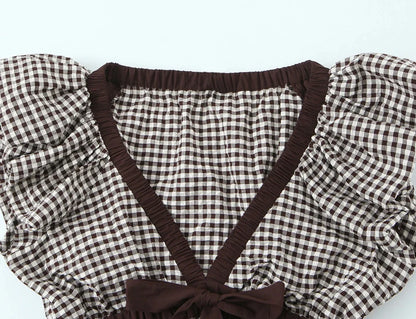Casual Chic Women Tops Plaid V-Neck Sleeveless Bow Folds Short Tops Fashion 2026 Spring Summer Holiday Female Y2K Tops