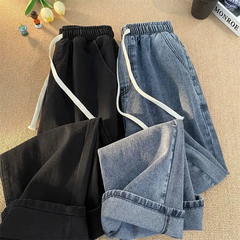 Loose Fit High Waist Elastic Waistband Summer Thin Denim Jeans Women Straight Leg Nine-Tenths Length Trendy American Street Styl