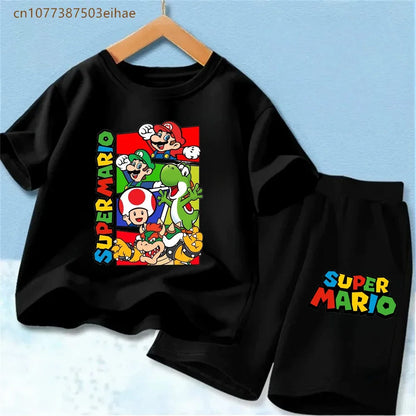 Lovely Mario Pattern Boys Girls Clothing Sets Soft Cotton Short Sleeve T Shirt + Casual Shorts 2PCS Summer Daily Wear Outfits