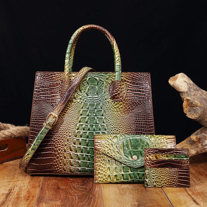 3 Pcs Crocodile Pattern Handbag & Purses Set, Multi-functional Vintage Top Handle Crossbody Bag & Business Clutch Bag & Card Coi
