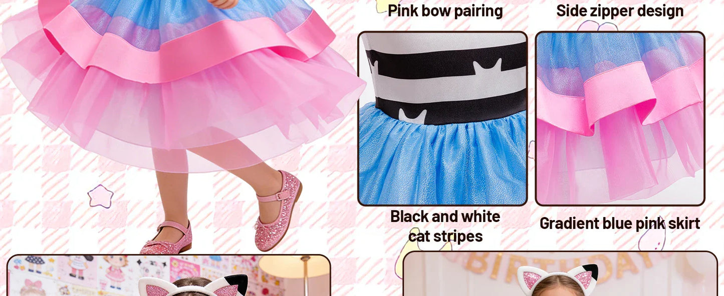 2026 Summer New Kids Girls Puffy Princess Dress Cat Striped Tutu Dress Children Birthday Party Gabby Dollhouse Cosplay Costume