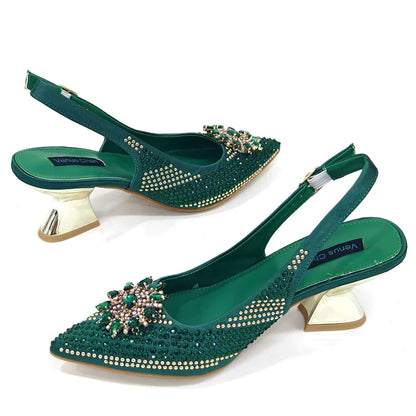 Summer New Design Specials Italian Women Shoes and Bag Set Fuchsia Color Comfortable High Heels With Rhinestone