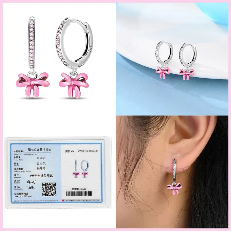 Earrings For Womens 925 Silver Color Pink Rainbow Horse Bear Bee Double Hoop Earrings Fine Engagement Anniversary Jewelry Gifts