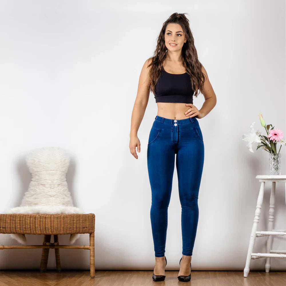 Mid Rise Super Stretch Skinny Jeans Mom Jeans Dark Blue Pull On Straight Leg Bum Lifting Jeggings Women