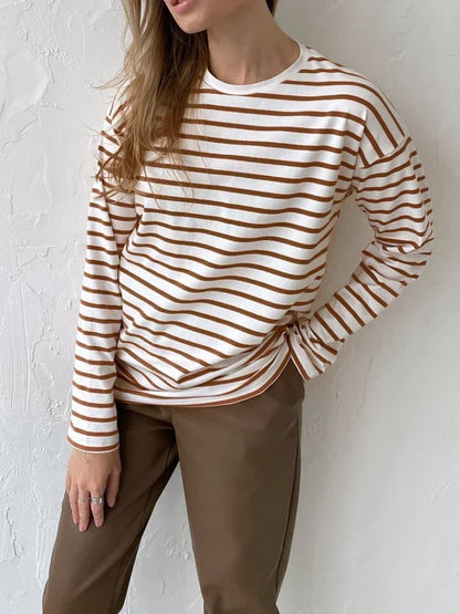 2025 Summer Long Sleeve Striped T-Shirts Women Basic Casual Tops Female Cozy Loose Cotton Tees Harajuku T Shirt New
