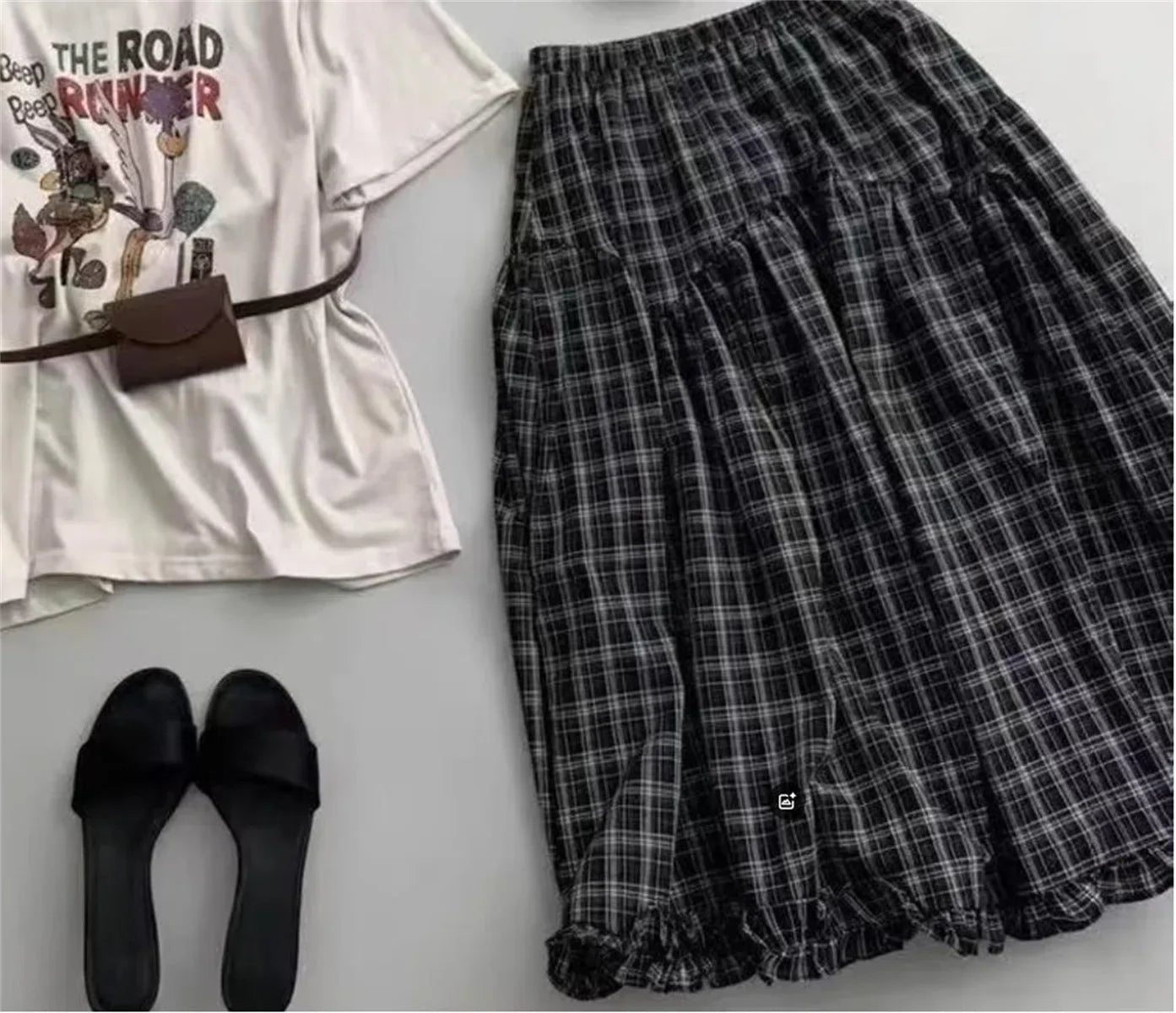 Retro Black Plaid High Waist A-Line Midi Skirt Women's Summer New Korean Fashion Maxi Skirt Lace Trim Umbrella Skirt Streetwear