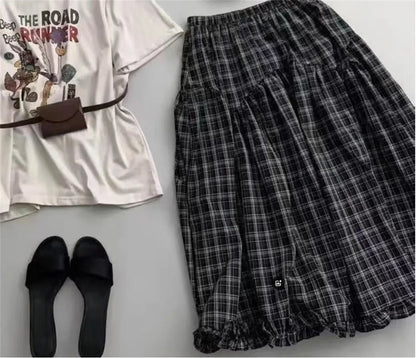 Retro Black Plaid High Waist A-Line Midi Skirt Women's Summer New Korean Fashion Maxi Skirt Lace Trim Umbrella Skirt Streetwear