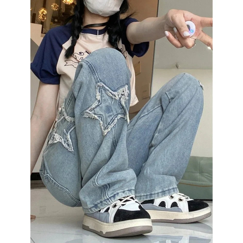 High Street Jeans Design Embroidery High Waist Thin Wide Leg Trousers