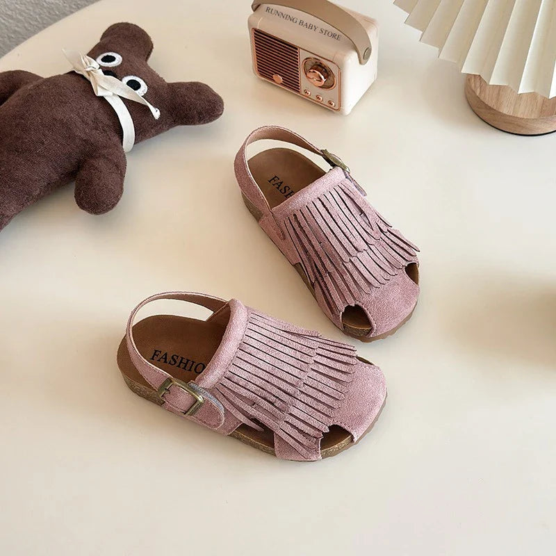 Summer Peep Toe Tassel Children Shoes Girls Sandals Soft Bottom Flat Heel Buckle Girl's Shoes Back Strape Slingbacks Shoe I05285