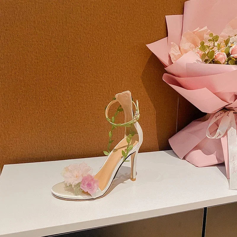 Summer Pink Sweet Chiffon Flower Dream High Heels Lace up Sandals Wedding Banquet Women's Shoes