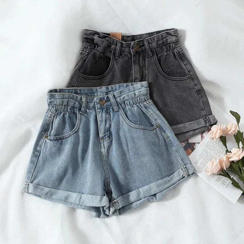Summer High Waist Denim Shorts Women Casual Loose Ladies Fashion Plus Size Elastic Waist Wide Leg Short Jeans Female