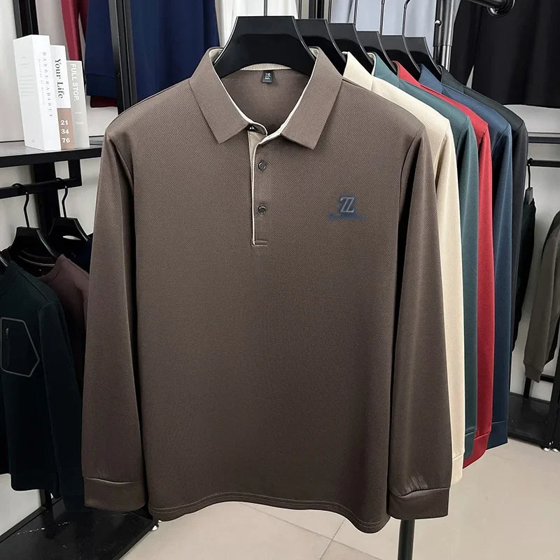 Men's High End Brand Print Solid Color Lapel Polo Shirt Autumn New Skin Friendly Long Sleeved T-shirt Fashion Versatile Menswear