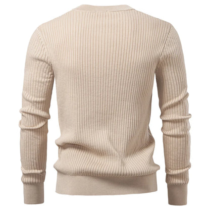 Button Placket Polo Shirt Men Ribbed Stripe Long Sleeve Contemporary Fit Minimalist Autumn Winter Premium Business Top