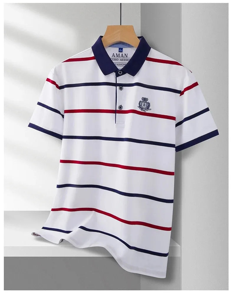 Light luxury brand short sleeve men's POLO shirt summer fashion personality striped badge top breathable ice silk casual T-shirt