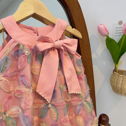 Girl Dress 2025 Summer New Girl Dress Princess Dress Little Girl Fashion Colorful Flower Yarn Dresses Kid Clothes