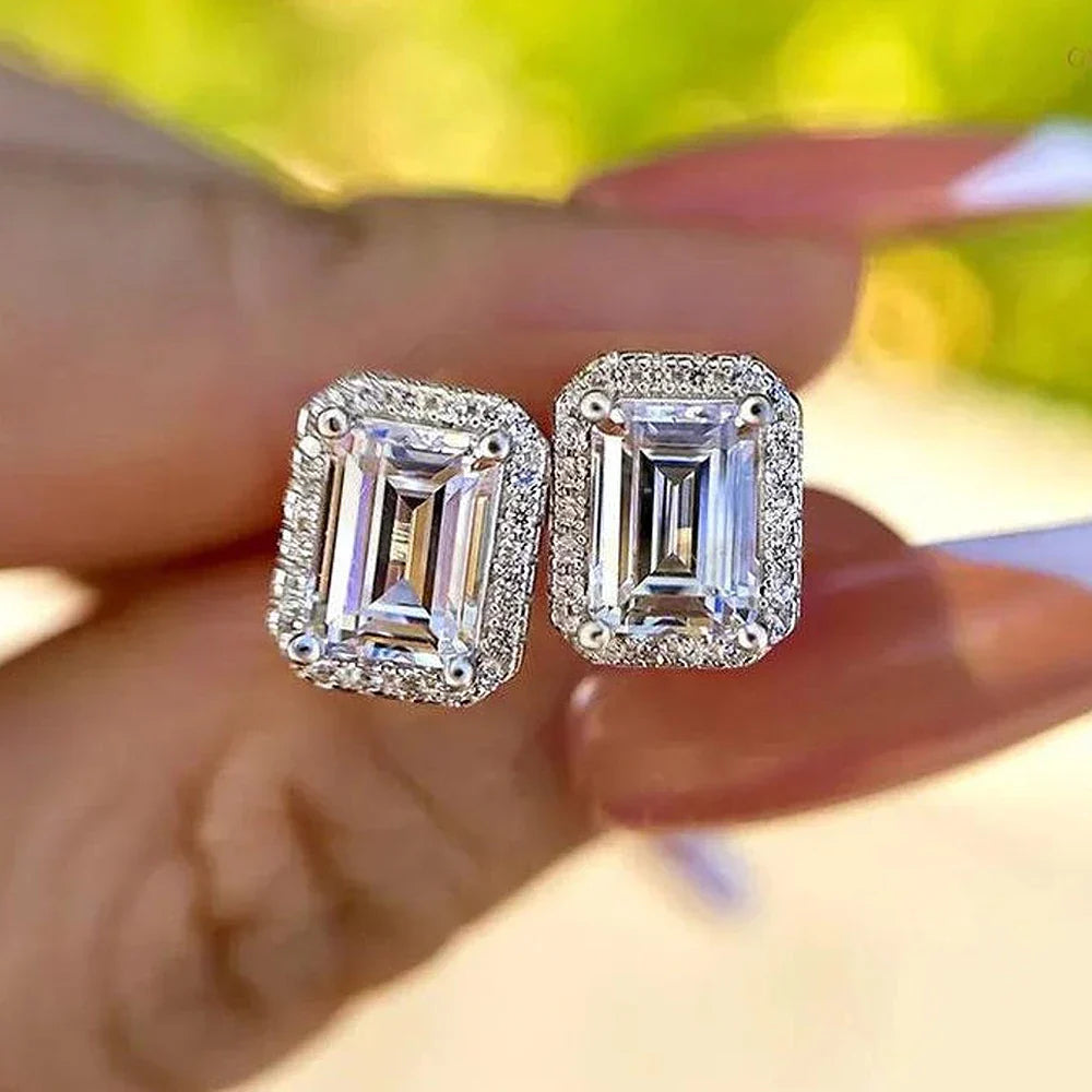 0.5/1/2ct Emerald Cut Halo Moissanite Diamond Stud Earrings 925 Sterling Silver Plated 18k Gold Earring Fine Jewelry for Women