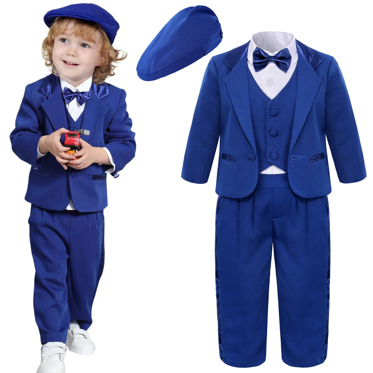 Baby Boy Baptism Outfit Infant White Christening Suit with Hat Toddler Wedding Birthday Party Clothing Long Sleeved Tuxedo 5PCS