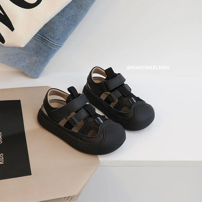 Children Sports Sandals Versatile Kids Causal Cut-outs Sandals Summer Fashion Boys Girls Patchwork Mesh Beach Shoes Black Beige