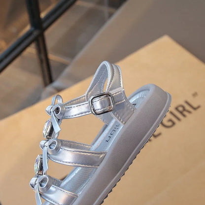 Summer Kids Fashion Hollow-out Roman Sandals Student Water Diamond Bow Sandals Sweet Bowknot Comfortable Elegant Girls Shoes