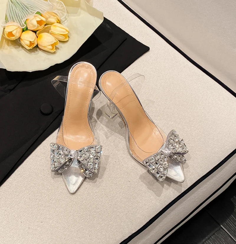 PVC Transparent Women Pumps Sexy Crystal Bowknot Pointed Toe  Slingback High Heels Mules Sandal Female Wedding Prom Shoes