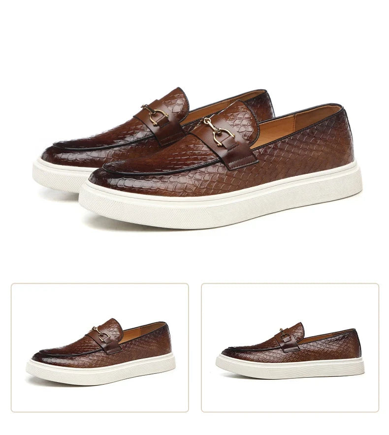 Fashion Men's Casual Shoes Snakeskin Grain Leather Men Retro British Style Loafers Monk Shoes Mens Slip-on Outdoor Driving Flats