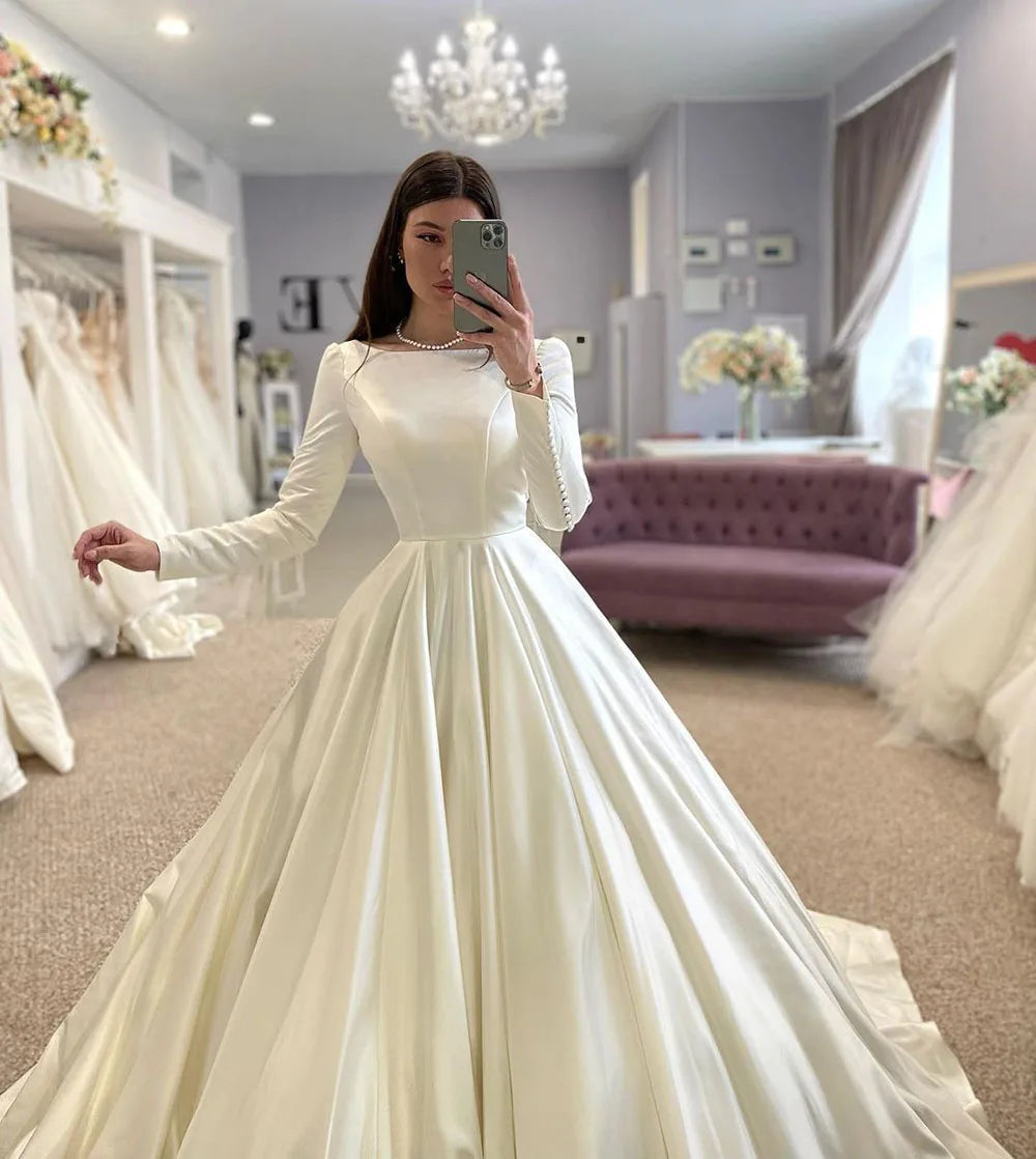 Conservative Wedding dress Satin Wedding Dresses Full Sleeve Muslim Bridal Gown Modest Long Wedding Gown Customized