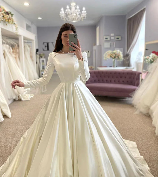 Conservative Wedding dress Satin Wedding Dresses Full Sleeve Muslim Bridal Gown Modest Long Wedding Gown Customized