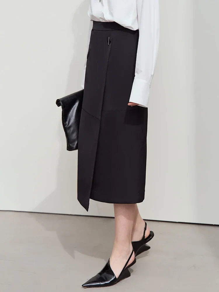 Minimalist 2025 Autumn Midi Skirts Women Commute Elegant Office Lady Versatile Asymmetrical Drape Straight Skirt 12521006