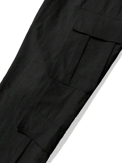 Men's Spring and Autumn Multi-Pocket Cargo Pants with Elastic Waistband and Drawstring Adjustment, Solid Color Multi-Pocket Long Pants Suitable for Outdoor Sports and Leisure