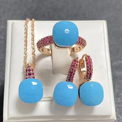 Conjunto de Joias Femininas 3 Peças - Anel, Brincos e Colar Banhados a Ouro Rosé com Zircônia Roxa Incrustada