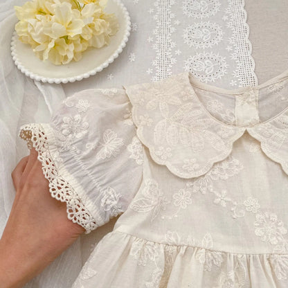 2026 Summer New Pure Cotton Embroidered Floral Short Sleeved Girl's Dress 2-6Yrs Versatile Adorable Korean Style Dress