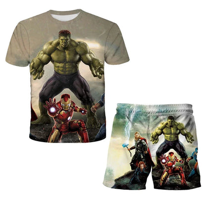 Kids Summer Tshirt Set Boys Spider-Man Trendy 2 Piece Hulk Iron Man Spiderman Outfit