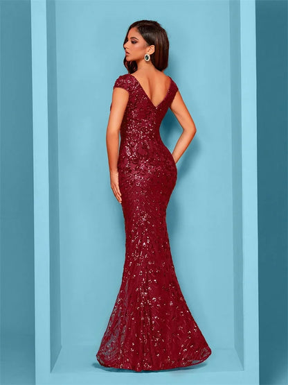 Elegant Champagne Evening Dress For Women Long 2024 Luxury Mermaid Formal Sequins Prom Wedding Party Cocktail Dresses