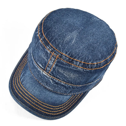 Denim Army Cap Men Washed Cotton Bucket Hat Spring Fall Headpiece Flat Top Adjustable Peaked Visor Hats Trucker Hats