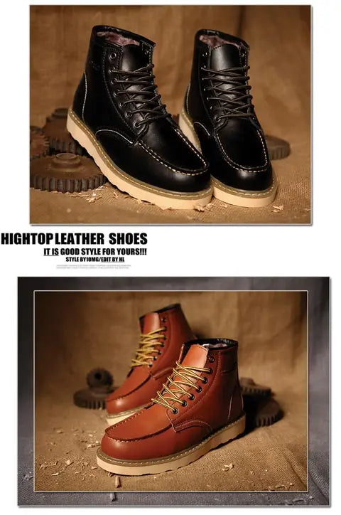High-top men's leather shoes Fashion motorcycle ankle boots Autumn and winter lace-up casual work men's shoes leather flats