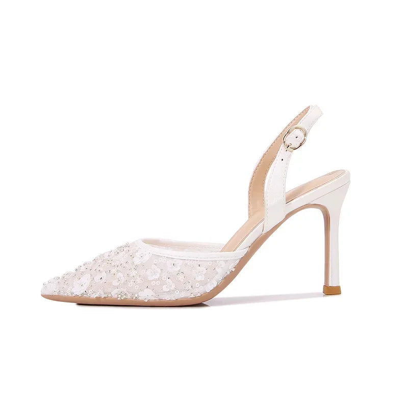Size 34-42 2025 Summer Beaded High Heel Wedding Shoes Women Lace Mesh Party Dress Shoes