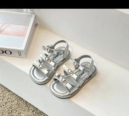 Girls Sandals New 2024 Summer Kids Fashion Bowknot Heart Princess Sandals Party Dress Shoes Children Soft Sole Beach Flats Shoe