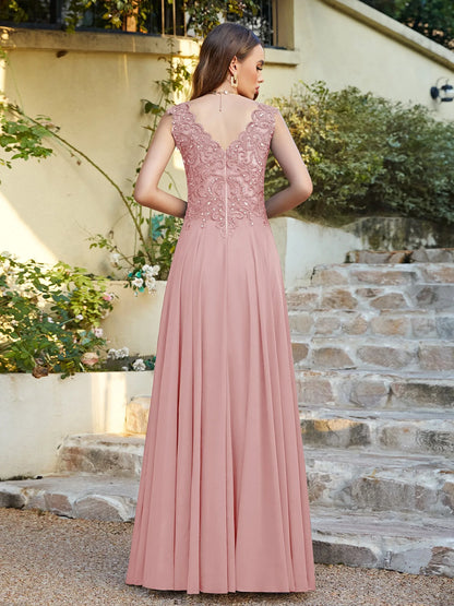 Vestido de festa de casamento em azul marinho com chiffon, renda, bordado, decote em V, cristal, sem mangas, elegante, formal, para madrinha de casamento