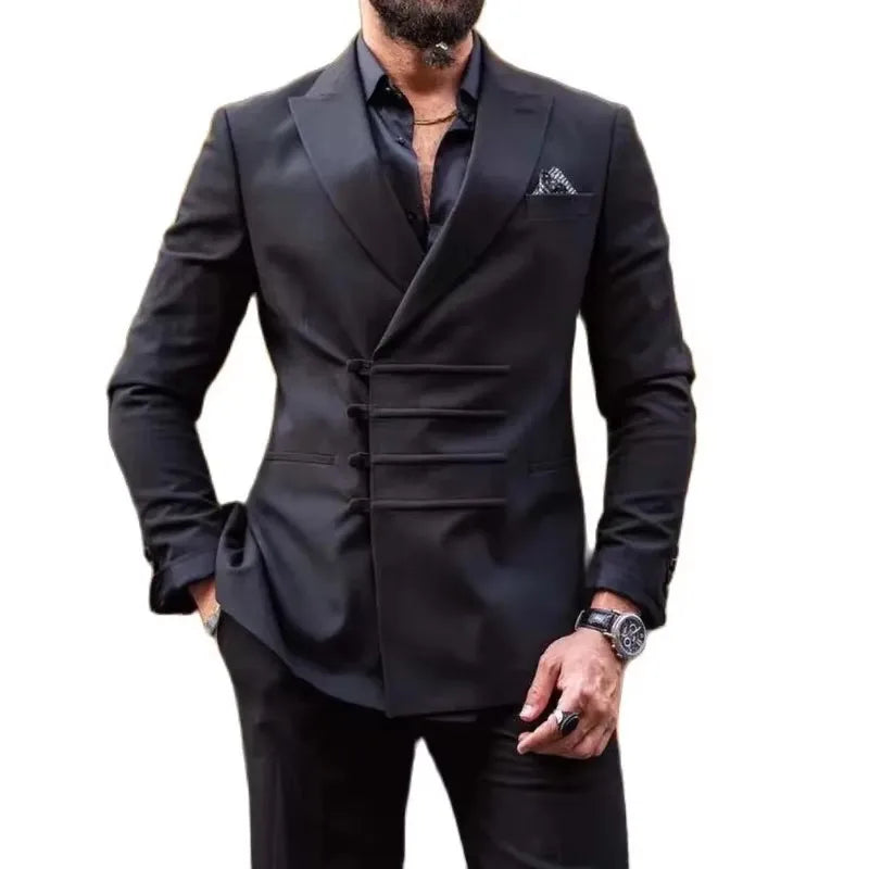 Four Buttons Groomsmen Black Tuxedos Peak Lapel Men Suits Wedding 2 Piceces ( Jacket + Pants + Bow Tie ) D519