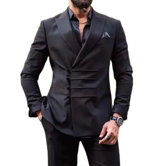 Four Buttons Groomsmen Black Tuxedos Peak Lapel Men Suits Wedding 2 Piceces ( Jacket + Pants + Bow Tie ) D519