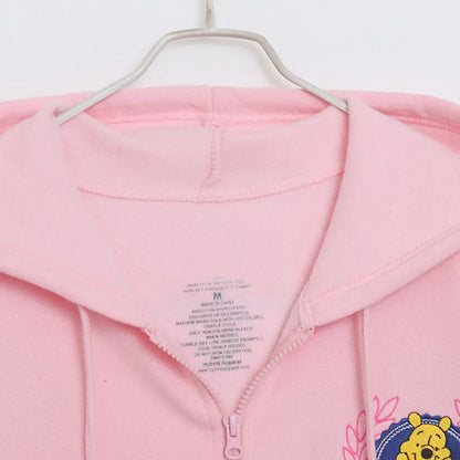 Cute Marie Cat Fleece Hooded Sweatshirt Winnie the Pooh Embroidery Zip Up Hoodies Jacket Women Casual Cartoon Jumper Top