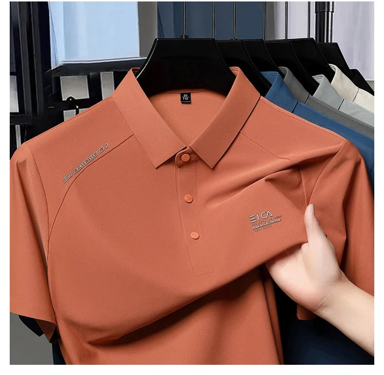 High quality ice silk short sleeve polo shirt cool breathable fashion brand letter printed summer casual men's lapel T-shirt