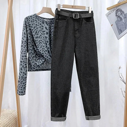 Autumn Collection High-Waisted Slimming Straight-Leg Denim Jeans Women's Loose-Fit Korean Style Ninemoth Half Pants