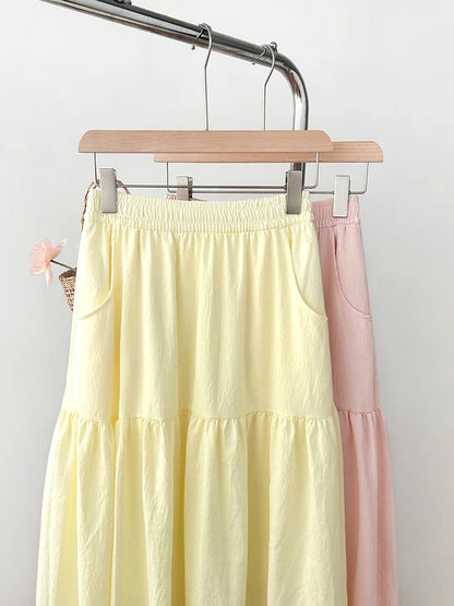 Women's Summer Effortless Chic Midi Skirt - Korean Flowy Big Hem Voluminous Ruffle Cake Skirt